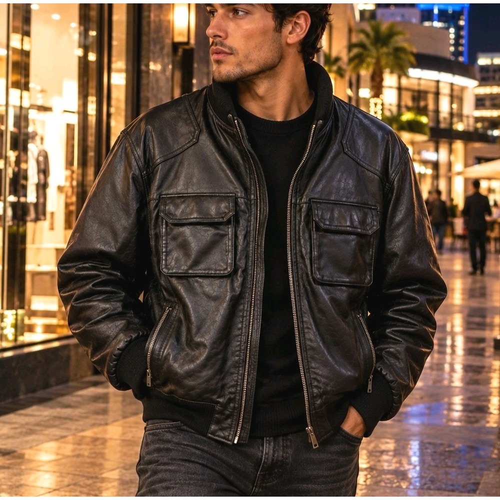 Michael Kors Men's M Black Genuine Leather Bomber Jacket Ribbed Moto Utility
